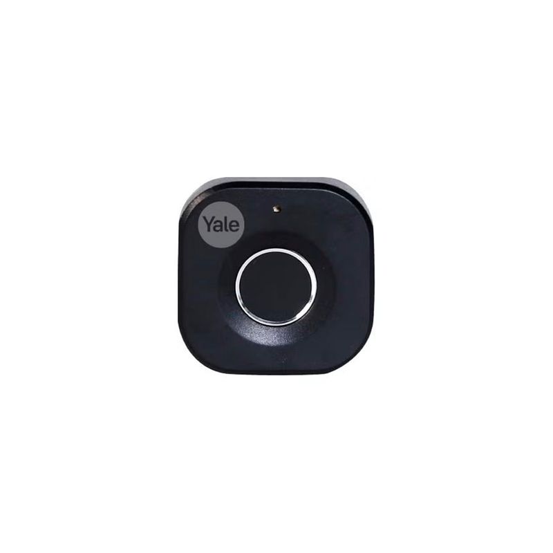Cerradura digital para muebles de huella negro Yale, vista frontal del sensor biométrico circular y logo de la marca