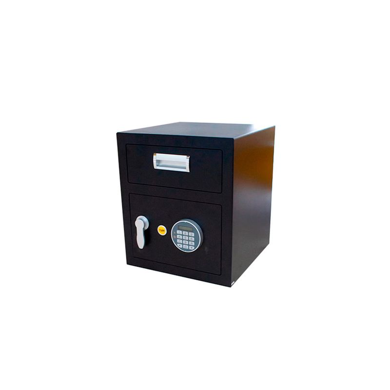 Caja de seguridad digital con buzón 40 x 35 x 35 cm Yale, vista en ángulo del equipo negro con teclado digital y manija