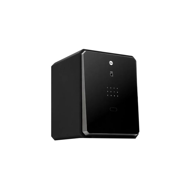 Caja de seguridad biométrica táctil 40x50x40 cm Yale, vista en ángulo lateral resaltando el panel frontal negro y teclado