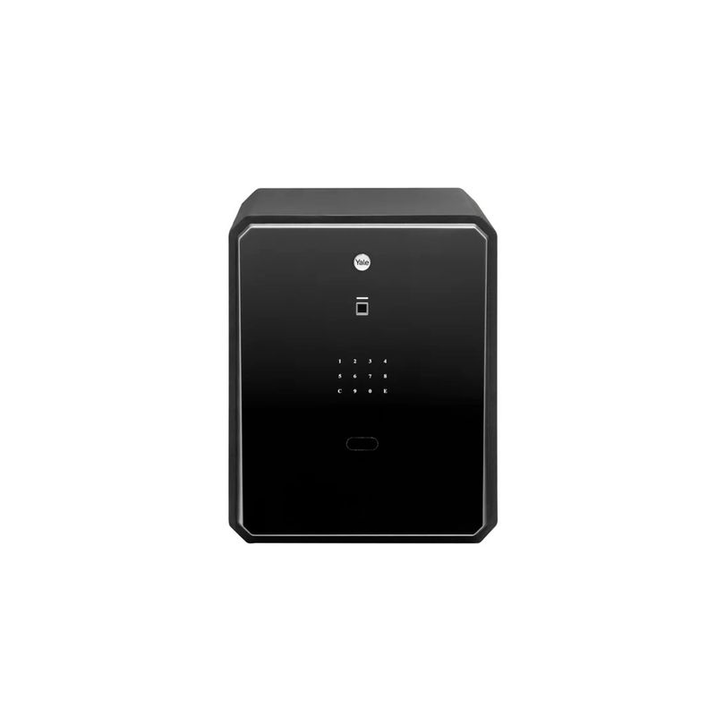 Caja de seguridad biométrica táctil 40x50x40 cm Yale, vista frontal del panel digital negro con teclado numérico