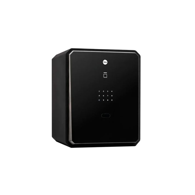 Caja de seguridad biométrica táctil 40x50x40 cm Yale, vista frontal del panel digital y teclado numérico en color negro