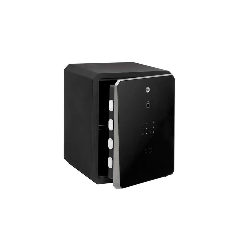 Caja de seguridad biométrica táctil 40x50x40 cm Yale, vista en perspectiva con la puerta abierta y panel frontal negro