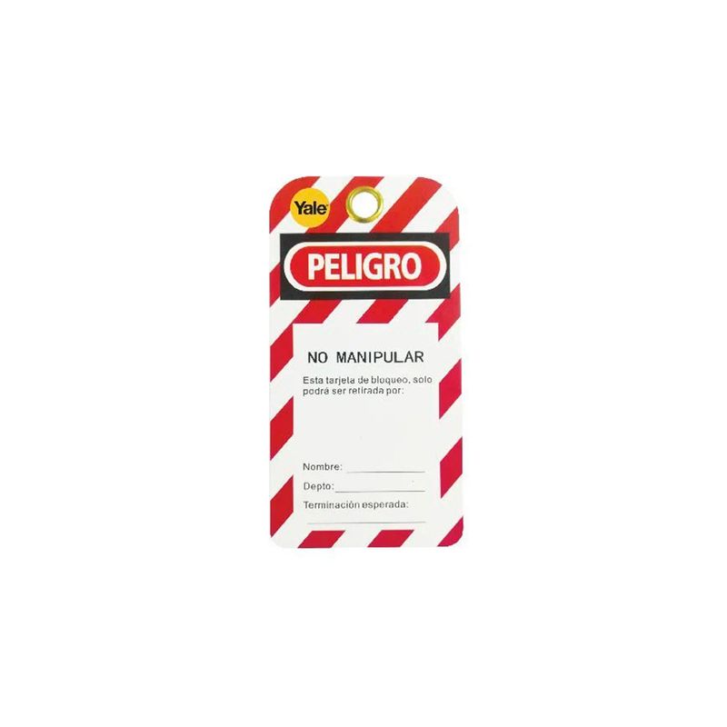 Tarjeta de bloqueo LOTO PVC Yale, vista frontal de la etiqueta roja y blanca con texto de peligro y espacios para datos