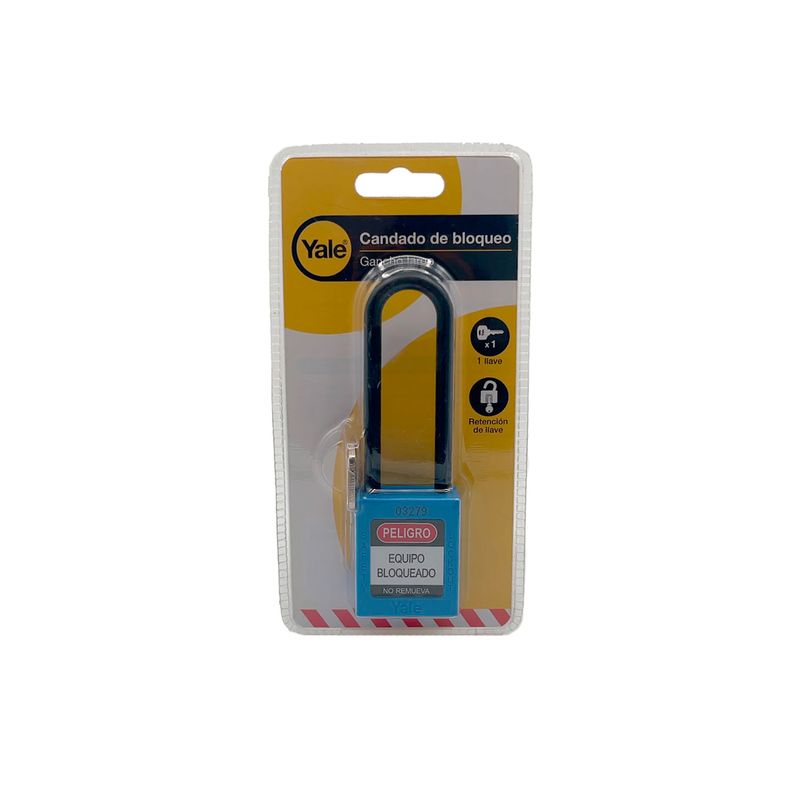 Candado dieléctrico nylon 76 mm azul Yale, empaque plástico con detalles de accesorios y llave