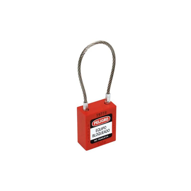 Candado de guaya acero 38 mm rojo Yale, vista frontal del cuerpo rectangular con etiqueta de peligro y guaya metálica