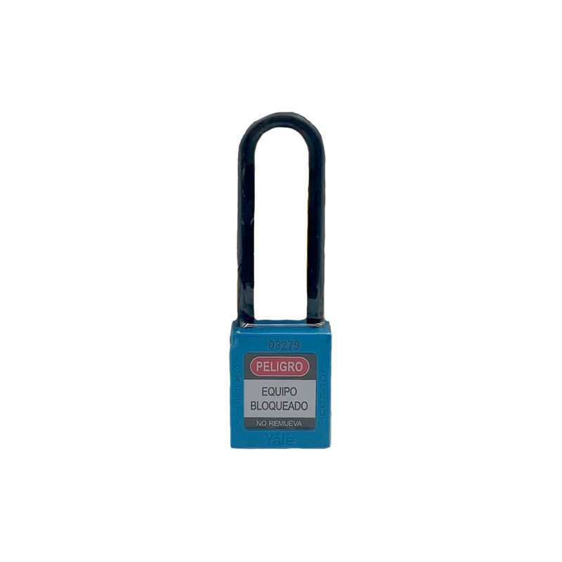 Candado dieléctrico nylon 76 mm azul Yale, vista frontal del cuerpo cuadrado con etiqueta de peligro y grillete negro