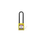 Candado dieléctrico nylon 76 mm amarillo Yale, vista frontal con etiqueta de peligro equipo bloqueado