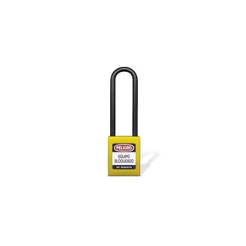 Candado dieléctrico nylon 76 mm amarillo Yale, vista frontal con etiqueta de peligro equipo bloqueado