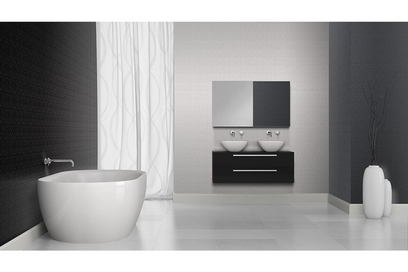 Azulejo Farbe 25 x 40 blanco baño Porcelanite, ambientación de baño moderno con tina blanca y mueble negro