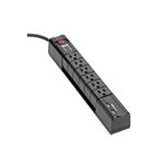 Regleta eléctrica negra 6 salidas + 2 USB con supresor Tripp Lite, vista diagonal con interruptor rojo y puertos USB