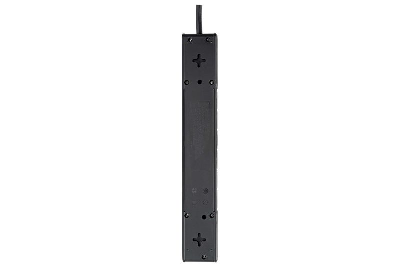 Regleta eléctrica negra 6 salidas +2 USB con supresor Tripp Lite, vista posterior del equipo con orificios de montaje