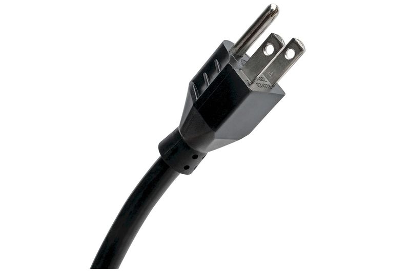 Regleta eléctrica negra 6 salidas + 2 USB Tripp Lite, primer plano del enchufe y cable negro