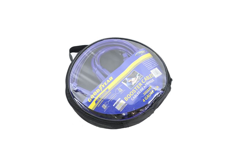 Cable pasa corriente para auto 500 amp amarillo y negro Goodyear, guardado en su estuche circular con cierre