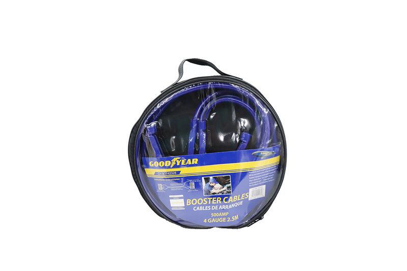Cable pasa corriente para auto 500 amp amarillo y negro Goodyear, guardado en estuche circular con empaque transparente