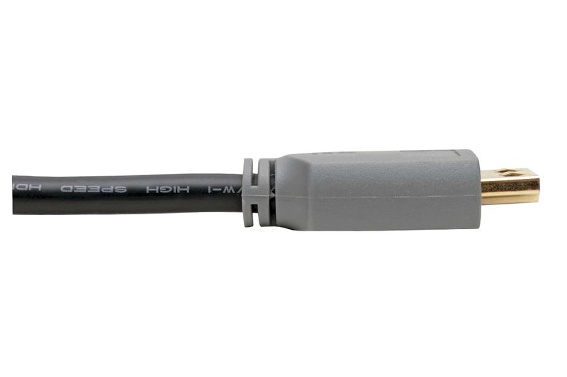 Cable HDMI 1 metro 4K 60Hz alta sujeción Tripp Lite, primer plano del conector dorado y protector de cable gris