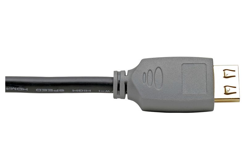 Cable HDMI 1 metro 4K 60Hz alta sujeción Tripp Lite, primer plano del conector gris y punta dorada