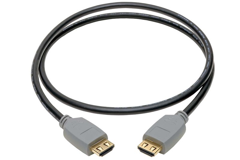 Cable HDMI 1 metro 4K 60Hz alta sujeción Tripp Lite, cable negro enrollado con conectores grises y puntas doradas