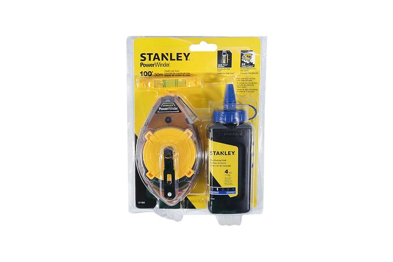 Tiza, líneas y nivel Stanley, set en empaque blíster con carrete amarillo, botella de tiza azul y nivel amarillo