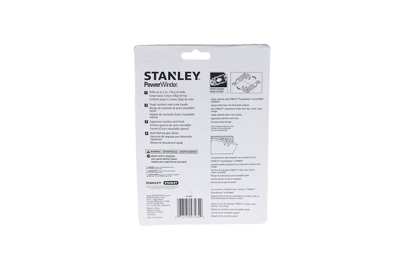 Tiza, líneas y nivel Stanley, parte posterior del empaque con especificaciones técnicas y códigos de barras