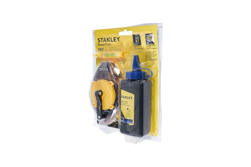 Tiza, líneas y nivel Stanley, set completo en empaque blíster transparente con carrete amarillo y frasco de tiza negro