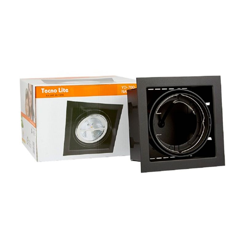 Luminaria empotrable Nanchong 1L G53 negro Tecnolite, vista posterior del equipo junto a su caja blanca y naranja