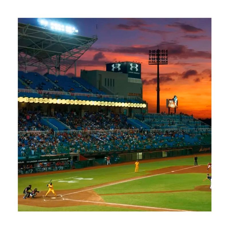 Reflector LED Sylflood 400 W 5000 K CW 45 D Sylvania, ejemplo de uso iluminando un estadio de béisbol al atardecer