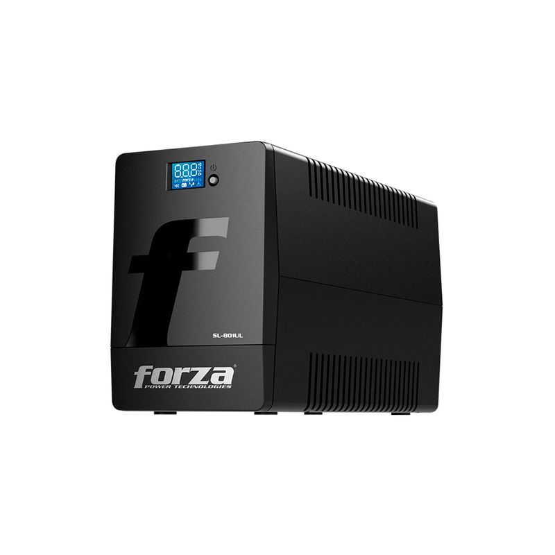 UPS Smart 6 salidas con pantalla LCD 800VA/480W 120V Forza, vista trasera con los enchufes y puertos de conexión