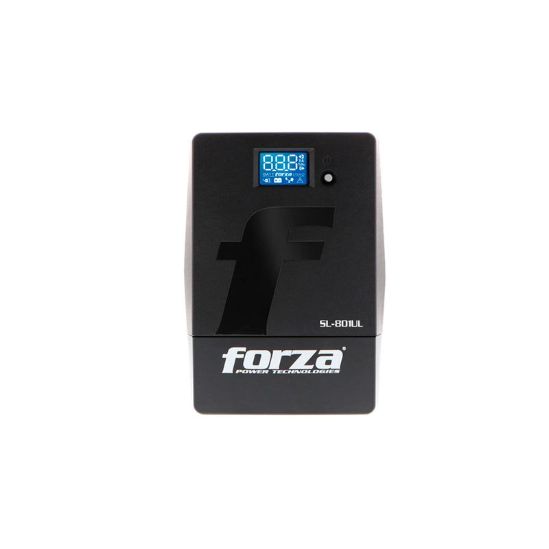 UPS Smart 6 salidas con pantalla LCD 800 VA / 480 W 120 V Forza, vista frontal en ángulo del equipo color negro
