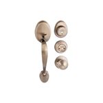 Cerradura pichel llave/llave Oviedo bronce antiguo Toledo, conjunto de manija, cilindros y pomo sobre fondo blanco