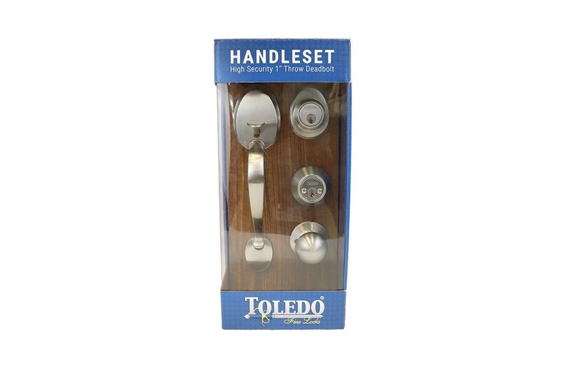 Cerradura pichel llave/llave Oviedo satín níquel Toledo, set completo dentro de su empaque original con fondo marrón