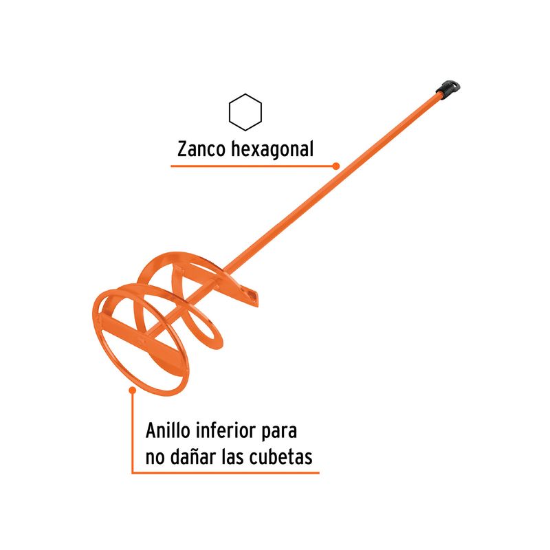 Mezclador de pintura Truper de 120 mm x 600 mm, gráfico con etiquetas señalando el zanco hexagonal y el anillo inferior