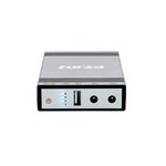 UPS y cargador portátil DC 14 W 5/9/12 V Forza, vista frontal del panel con puerto USB, conectores y botón de encendido