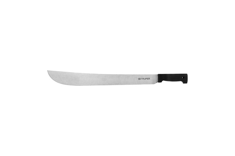 Machete cacha inyectada negro 20 pulgadas Truper, vista lateral completa con hoja metálica y mango negro