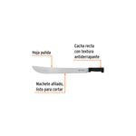 Machete cacha inyectada negro 20" Truper, gráfico con líneas naranjas que señalan la hoja pulida, el filo y la cacha