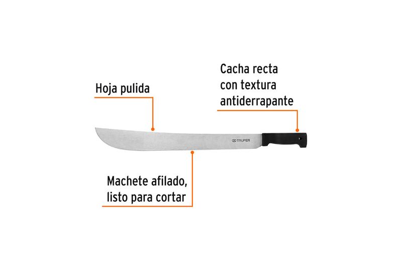 Machete cacha inyectada negro 20" Truper, gráfico con líneas naranjas que señalan la hoja pulida, el filo y la cacha