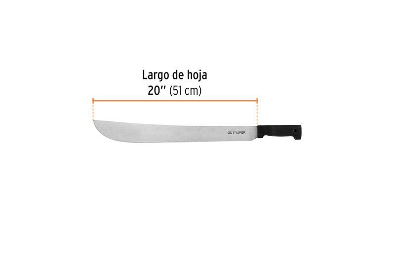 Machete cacha inyectada negro 20 pulgadas Truper, gráfico con medida del largo de la hoja de 51 cm