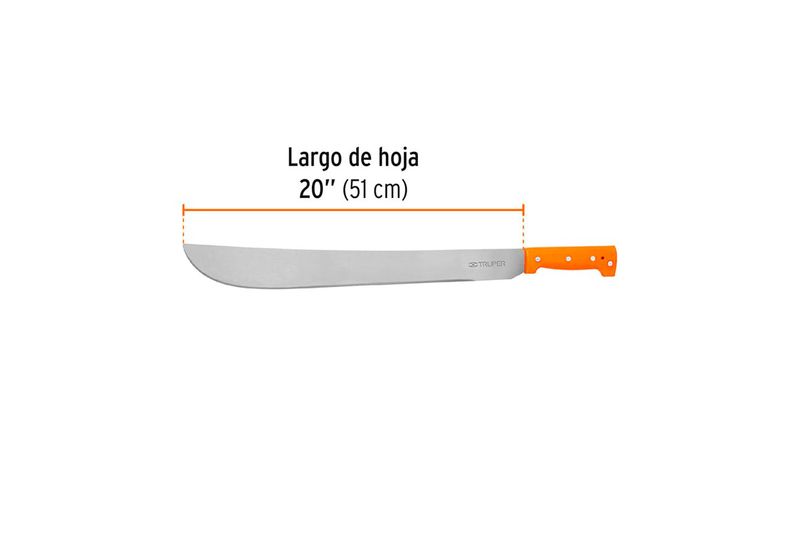 Machete cacha remachada naranja 20 pulgadas Truper, gráfico con indicación del largo de la hoja de 20 pulgadas o 51 cm