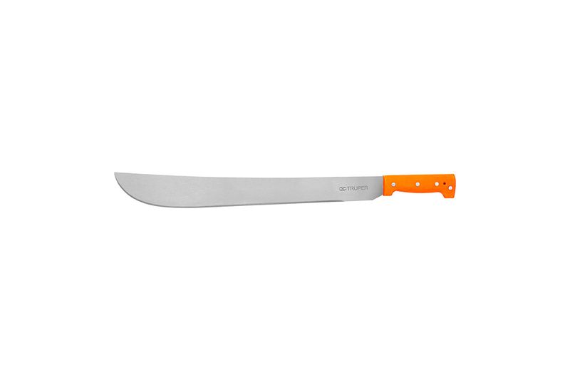 Machete cacha remachada naranja de 20 pulgadas Truper, vista lateral completa con hoja metálica y mango naranja