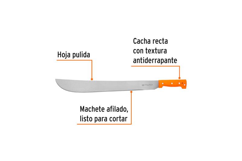 Machete cacha remachada naranja 20 pulgadas Truper, gráfico con indicadores de hoja pulida, filo y cacha antiderrapante