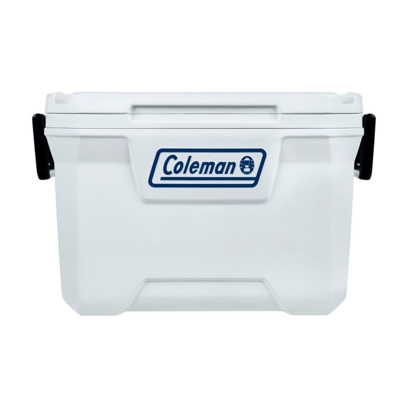 Hielera serie 316 52 qt blanca Coleman, vista frontal con asa lateral negra y logotipo azul en el centro