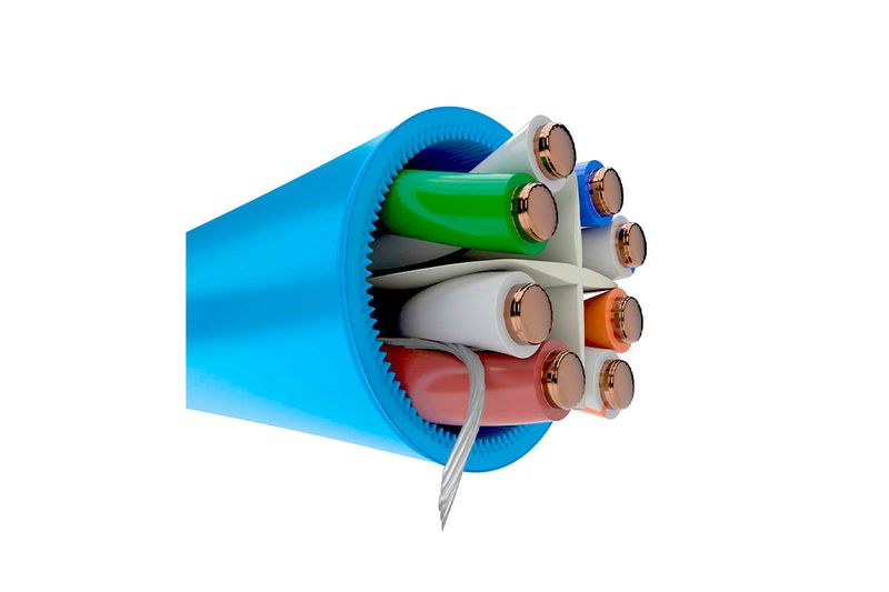 Cable UTP 4 par LSZH Cat6A azul Nexxt, corte transversal detallado que muestra los hilos internos y el aislante