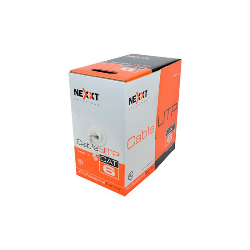 Cable U/UTP 4 pares LSZH Cat6 gris Nexxt, en su caja de cartón blanca y naranja con el logotipo de la marca