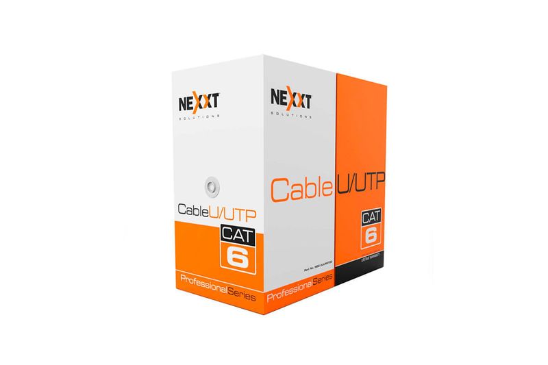Cable UTP 4 pares CMR Cat6 gris Nexxt, caja blanca con detalles naranjas y logos de la marca