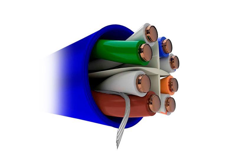 Cable UTP 4 pares CMR Cat6 Nexxt gris, render detallado del interior con hilos de cobre y aislantes de colores