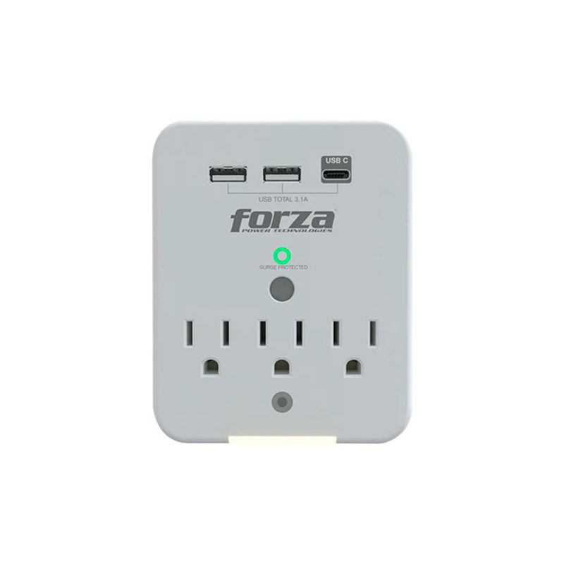Tomacorriente protector 3 salidas 3 USB 110V Forza, vista frontal en color blanco con puertos USB y luz verde encendida
