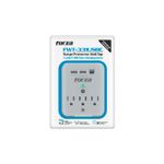 Tomacorriente protector 3 salidas 3 USB 110V Forza, producto blanco en su empaque transparente con detalles en azul