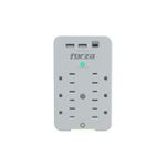 Tomacorriente protector 6 salidas 3 USB 110V Forza, vista frontal en color blanco con puertos USB y luz indicadora verde