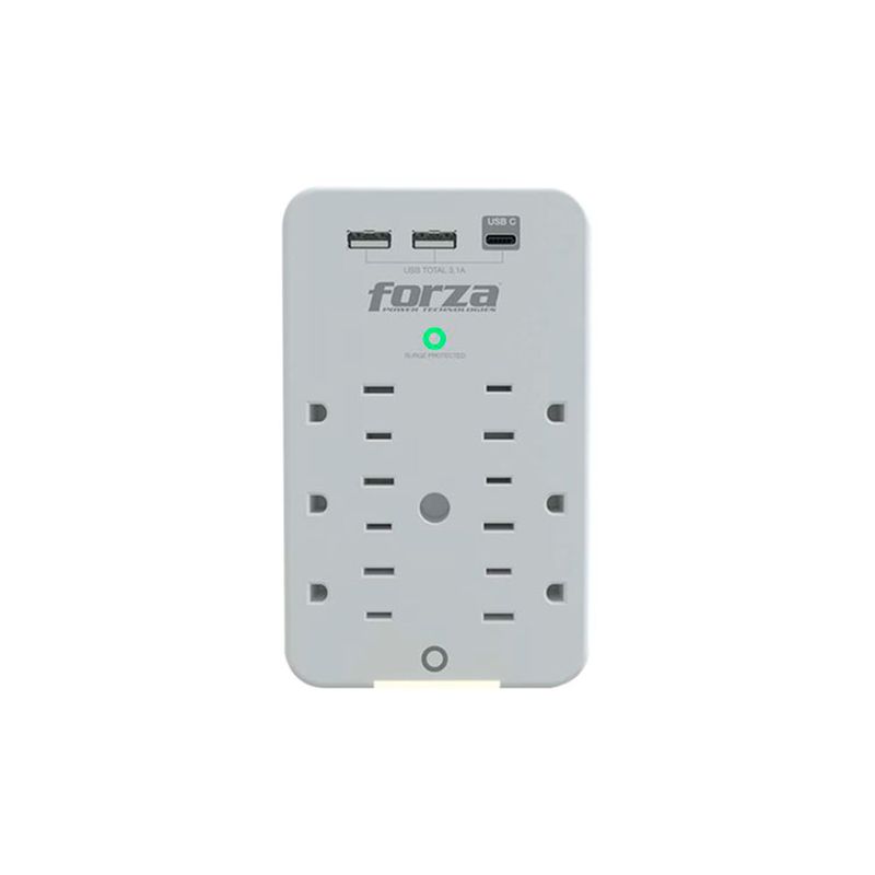Tomacorriente protector 6 salidas 3 USB 110V Forza, vista frontal en color blanco con puertos USB y luz indicadora verde