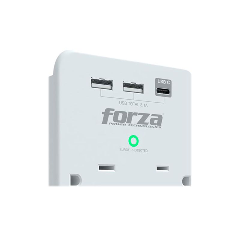 Tomacorriente protector 6 salidas 3 USB 110 V Forza, primer plano de los puertos USB y el indicador luminoso verde
