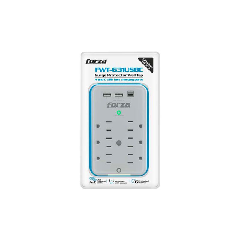 Tomacorriente protector 6 salidas 3 USB 110V Forza, producto blanco en su empaque original con detalles en azul